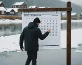 Mężczyzna przy kalendarzu planuje, jak często morsować. Zima, śnieg i lodowata woda tworzą scenerię dla tej zimowej aktywności.
