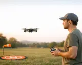 Mann mit Fernbedienung steuert Drohne im FPV-Fliegen über einem Feld mit Landeplatz.