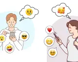 En kille och en tjej använder sina mobiler. Deras tankebubblor visar olika emojis, från glädje till förvirring. Kanske funderar de på vad skam betyder i digital kommunikation.