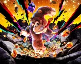 Donkey Kong w akcji, otoczony przez spadające skały i błyszczące kryształy, z kolorowymi promieniami w tle.
