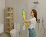 Kobieta w żółtych rękawiczkach czyści kabinę prysznicową z powłoką, używając ściereczki i sprayu.