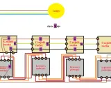 Schemat instalacji oświetleniowej z czujnikami ruchu i łącznikami schodowymi oraz krzyżowymi.