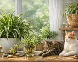 Deux chats se prélassent près de plantes d'intérieur, dont un chlorophytum, connu pour être non toxique pour les chats.