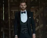 A dapper man in a black suit wedding guest attire, complete with a bow tie and waistcoat, stands confidently.
