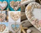 Plusieurs cœurs décoratifs faits main, ornés de coquillages et d'étoiles de mer, parfaits pour une décoration thème mer à faire soi-même.