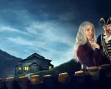 La Befana vien di notte, volando su una scopa sotto la luna piena, con un uomo in costume da pirata e una giovane donna.