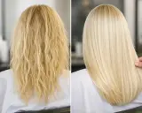Prima e dopo: capelli decolorati, crespi e spenti trasformati in una chioma liscia, luminosa e sana.