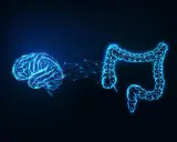 Rappresentazione stilizzata del cervello e dell'intestino collegati da una rete luminosa, che illustra l'asse intestino cervello.