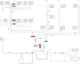 Schemat instalacji sanitarnej w domu jednorodzinnym: rozdzielacze, grzejniki (P1-P4), zbiornik wyrównawczy, wymiennik płytowy.