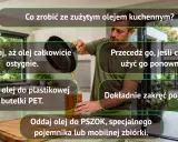 Mężczyzna przelewa zużyty olej kuchenny do butelki PET. Instrukcje podpowiadają, jak postępować z olejem, aby go ponownie wykorzystać lub oddać do PSZOK.