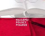 Otwarta księga i pióro na tle rękopisu. Tytuł: Najlepsi polscy pisarze.