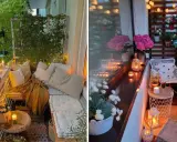 Ambiance cosy sur un balcon : coussins moelleux, plaid douillet, guirlandes lumineuses et bougies pour une déco été à faire soi-même.