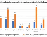 Balkendiagramm zeigt Bedarf vs. Gehalt essenzieller Aminosäuren in Sojaprotein. Die hohe biologische Wertigkeit von Soja wird durch den Vergleich von Bedarf und Gehalt verdeutlicht.