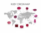 Mappa delle origini dei rubini, con gemme di un intenso rubino rosso provenienti da Tanzania, Mozambico, Madagascar, Sri Lanka, Pakistan, Tagikistan, Thailandia, Vietnam, Borneo e Nepal.
