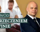 Rozwód z orzeczeniem o winie. Para w łóżku, zmartwiona. Obok prawnik w garniturze.