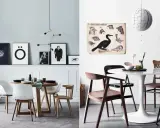 Två moderna matplatser hemma hos inredningsarkitekten. En med runt träbord och vita stolar, den andra med vitt tulipbord och blandade stolar.