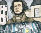 Wajdelota w pasiastej koszuli z numerem obozu Auschwitz i gwiazdą Dawida, na tle budynków przypominających kościoły.