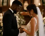 Novios tomados de la mano, inspirados por poemas para bodas, sonríen en un altar decorado con flores y velas.