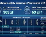 Porównanie taryfy G11 i G12w: G11 kosztuje 303 zł, G12w 63 zł za 1000 kWh. Tabela stawek sieciowych.