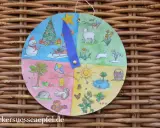 Jahresuhr Vorlage zum Ausdrucken kostenlos: bunter Kreis mit vier Jahreszeiten, Winter, Frühling, Sommer, Herbst.