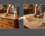 Demostración de como limpiar un armario de madera. Un hombre limpia un mueble de madera con un paño y luego usa un cepillo y producto para restaurar su brillo.