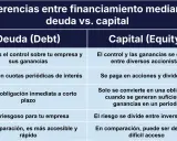 Tabla comparativa de deuda vs. capital: la renta fija (deuda) es más accesible y rápida, mientras que la renta variable (capital) diluye control y ganancias.