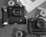 Dwa aparaty Canon: starszy model F-1 i nowoczesny EOS R3, otoczone innymi aparatami.