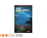 Copertina del libro "Paziente 64" di Jussi Adler-Olsen, con un faro e uccelli su uno sfondo blu scuro.