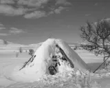Snötäckt kåta i ett vinterlandskap. Vackra samiska ord som "guovssahas" (norrsken) eller "njárga" (flod) kan beskriva denna tysta, vita värld.