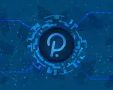 Centralny symbol polkadot crypto otoczony siecią połączeń, symbolizujący zdecentralizowaną przyszłość.