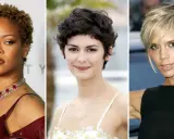 Tres mujeres con un corte pixie medio: Rihanna con rizos rubios, Audrey Tautou con pelo oscuro y ondulado, y Victoria Beckham con un rubio asimétrico.