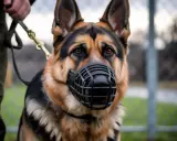 Berger allemand muselé, tenu en laisse. Un outil pour savoir comment faire lâcher un chien qui attaque.