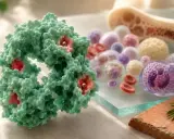 Struttura molecolare verde con centri rossi e dorati, circondata da globuli rossi e cellule, suggerisce saturazione della transferrina bassa.