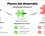 La educación Montessori en qué consiste: planos del desarrollo por etapas (infancia, niñez, adolescencia) con sus características y enfoques.