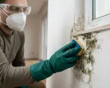 Hombre con mascarilla y guantes verdes limpiando moho de la pared con una esponja. Aprende como quitar el moho de la pared.