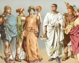 Bunte Darstellung von Frauen und Männern in antiken Gewändern, die an eine Szene mit Frauen im alten Rom erinnert.