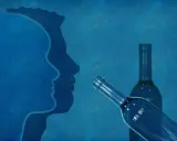 Dwie sylwetki ludzkie patrzą na siebie. Obok butelki, symbolizujące alkohol, którego nie wolno jeść przy esperalu.