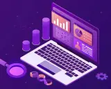Laptop z wykresami i lupą, symbolizujące analizę danych w trendy ecommerce.