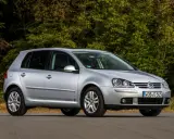 Srebrny Volkswagen Golf V stoi na drodze, otoczony zielenią drzew.