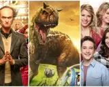 Montaje de series para niños de 10 a 12 años: un villano siniestro, un dinosaurio rugiente y un grupo de sonrientes adolescentes.