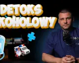 Lekarz wyjaśnia, jak wyjść z ciągu alkoholowego. W tle grafiki: kroplówka, karetka, niebieski krzyż.