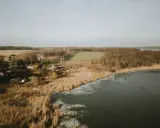Zimowy krajobraz nad pniewy jezioro. Widać zamarznięte brzegi, trzciny, las i zabudowania.