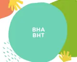 Kolorowe kształty i tekst "BHA BHT" na tle. Składniki kosmetyków, które warto znać.