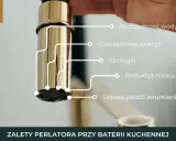 Złoty perlator przy baterii kuchennej. To co to jest perlator? Oszczędza wodę, energię, jest ekologiczny, redukuje hałas i poprawia strumień.