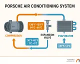 Schemat klimatyzacji Porsche: sprężarka, zawór rozprężny zasada działania, parownik. Temperatura czynnika roboczego.
