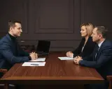 Trzy osoby przy stole dyskutują. Czy to kupujący załatwia notariusza, czy sprzedający?