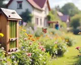 Maisonnette en bois pour insectes auxiliaires, avec un papillon monarque volant au-dessus d'un jardin fleuri.