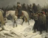 Napoleon in Deutschland: Soldaten im Schnee, ein Reiter auf einem weißen Pferd, im Hintergrund eine marschierende Armee.