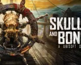 Koło sterowe z czaszką i kośćmi, w tle sztormowe morze i żaglowce. Tytuł gry "Skull and Bones".