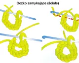 Instrukcja krok po kroku, jak wykonać oczko zamykające (ścisłe) na szydełku. Żółta włóczka i niebieskie szydełko.